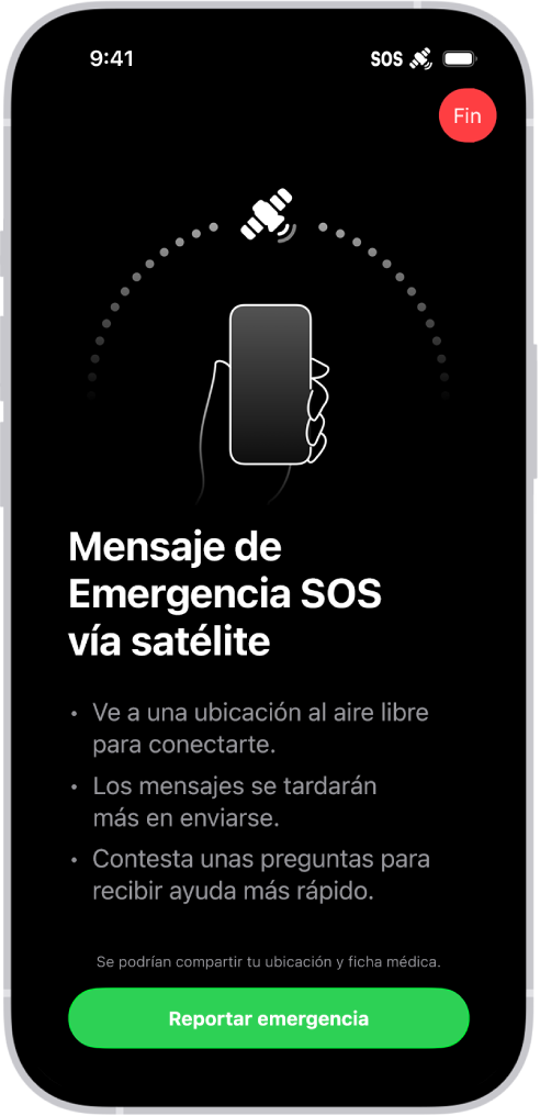 La pantalla Emergencia SOS muestra que el teléfono está conectado e indica al usuario que siga apuntando al satélite. En la parte inferior de la pantalla está el botón Reportar emergencia.