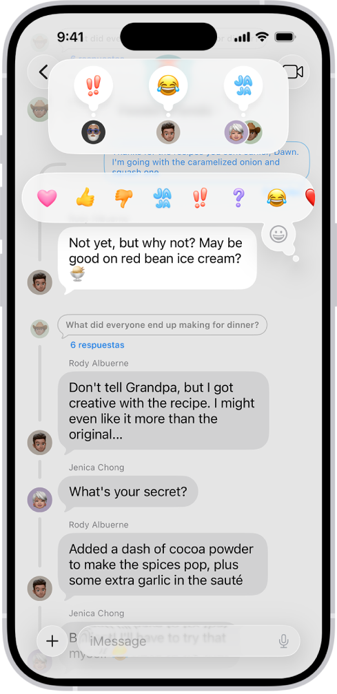 Una conversación de Mensajes con atributos de Tapbacks visibles cerca de la parte superior de la pantalla. El menú Tapbacks está visible encima de un mensaje.