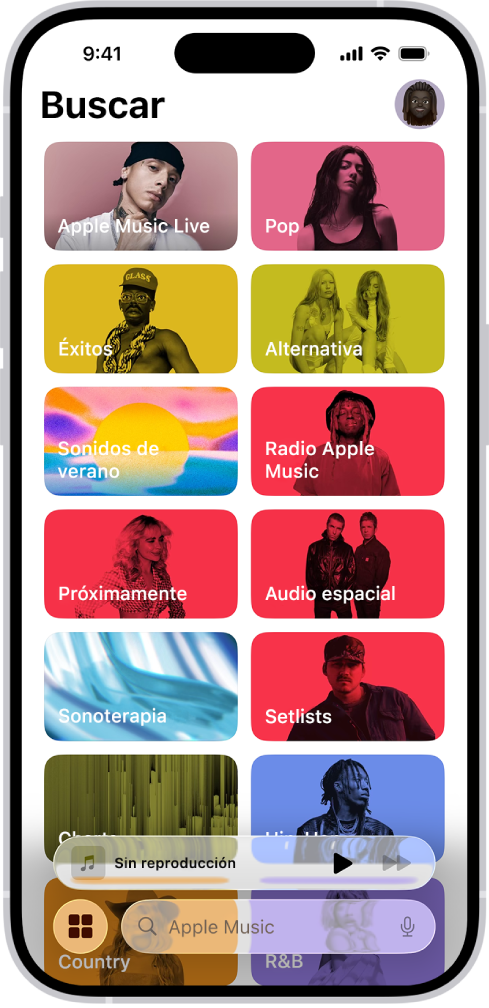 La pestaña Buscar mostrando un campo de búsqueda en la parte superior. Varias categorías de música aparecen debajo, como Éxitos y Sonidos relajantes.