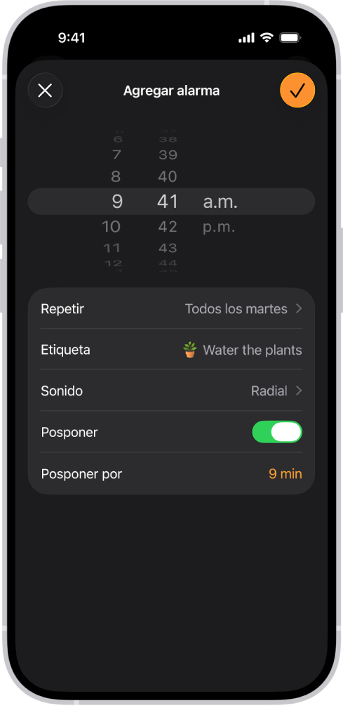 Una pantalla donde se modifica una alarma con opciones para cambiar la hora, elegir si la alarma se repite, agregar una etiqueta a la alarma, seleccionar un sonido para la alarma, permitir posponerla y cambiar por cuánto se pospone.