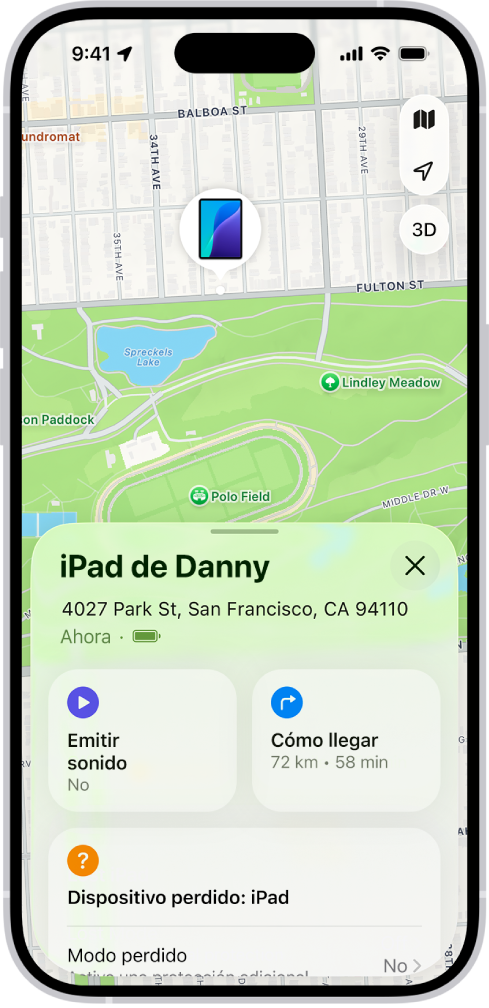 La pantalla Encontrar mostrando la ubicación de un iPad en un mapa en la parte superior de la pantalla.