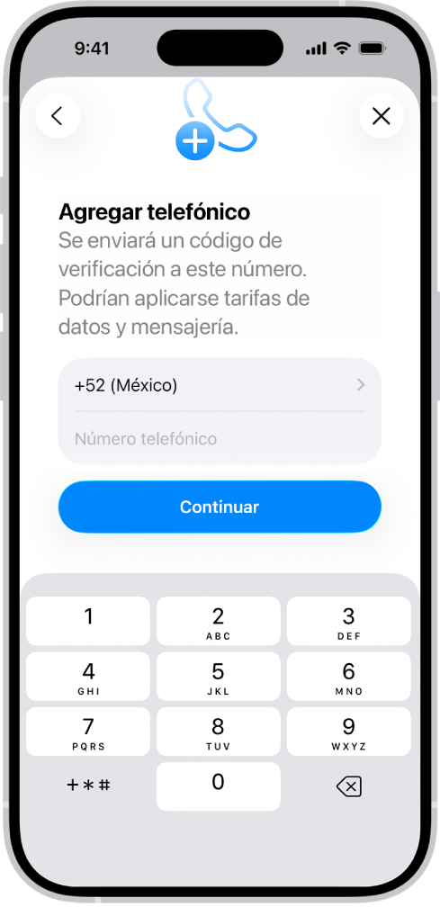 La pantalla Agregar número de teléfono en Configuración.