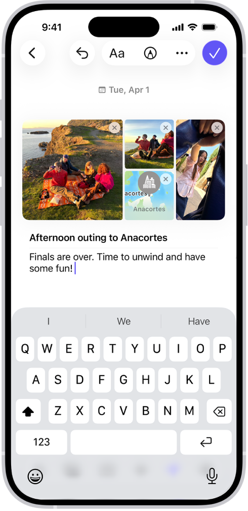 Pantalla de la app Diario con fotos y una entrada en curso.
