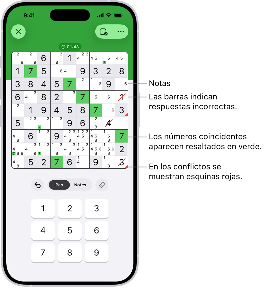 Sudoku con varias funciones activadas: Notes, “Highlight Matching Numbers”, “Show Conflicts” y Autocheck.