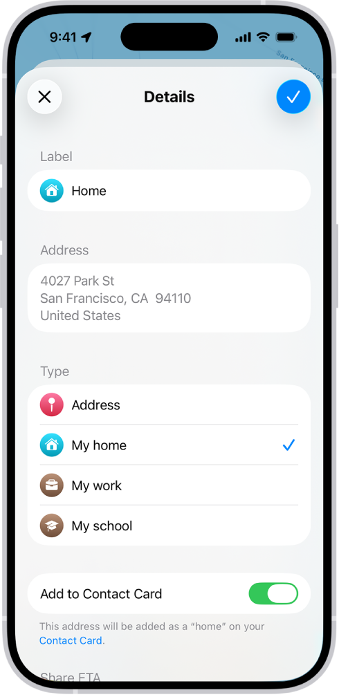 App Mapas con la pantalla Detalles con opciones para establecer una dirección como casa, trabajo o escuela.