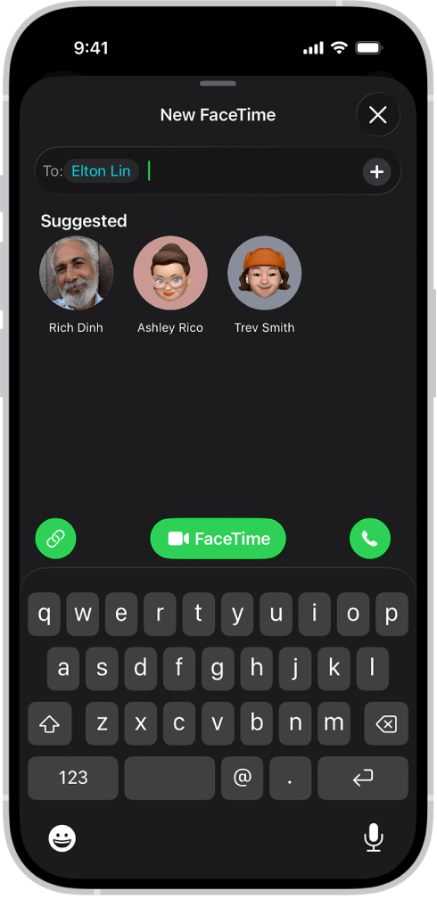 Pantalla para iniciar una llamada de FaceTime con el botón “Crear enlace” y los botones “Nueva llamada” para iniciar una llamada de FaceTime de vídeo o audio.