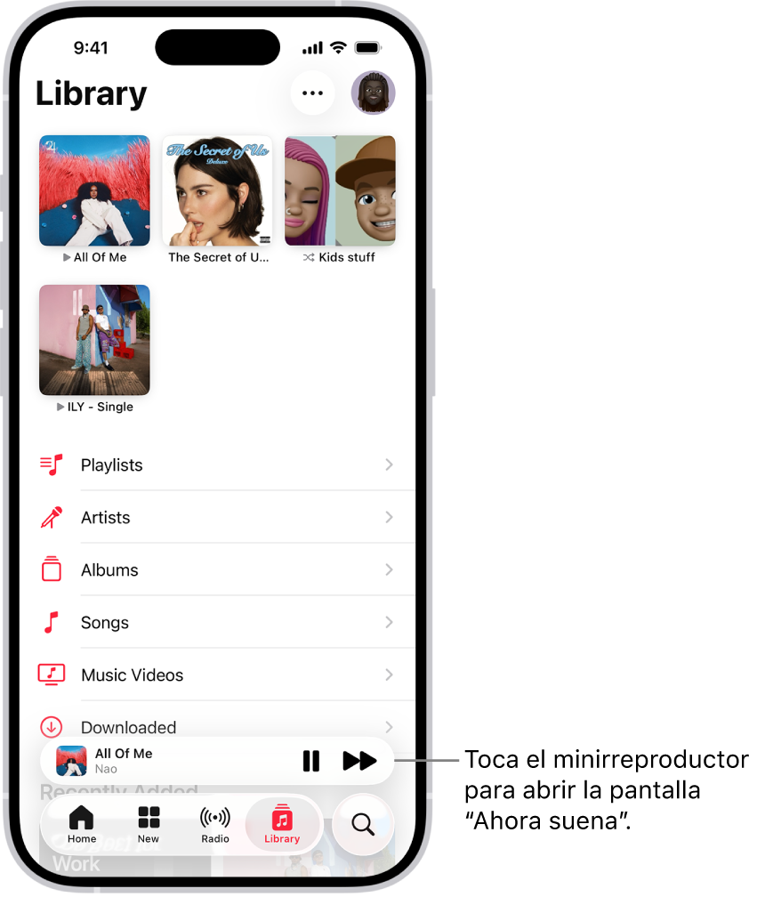 Pantalla Biblioteca con el minirreproductor cerca de la parte interior. El minirreproductor muestra el título de la canción que se está reproduciendo. Los botones Pausa y “Pista siguiente” están a la derecha del título de la canción. Toca el minirreproductor para abrir la pantalla “Ahora suena”.