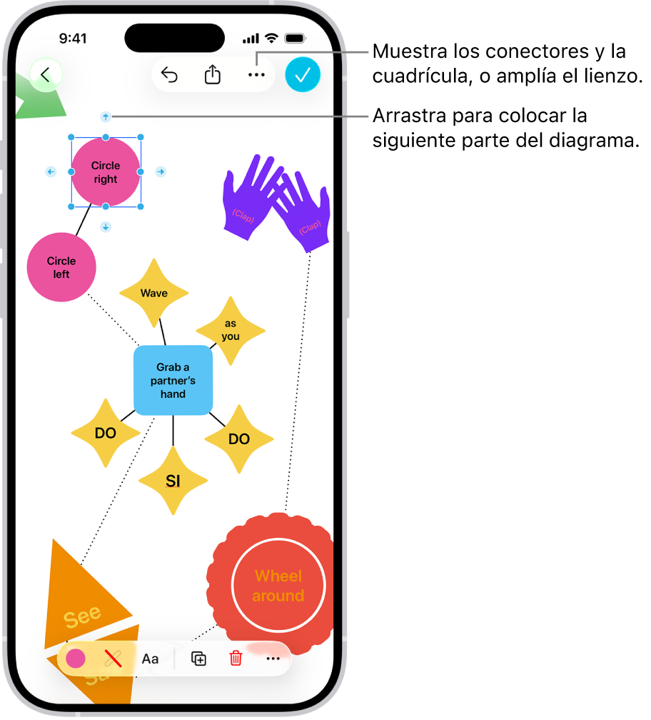 Un diagrama en una pizarra de Freeform con conectores en una figura seleccionada, con las herramientas de formato de figura visibles en la parte inferior de la pantalla.
