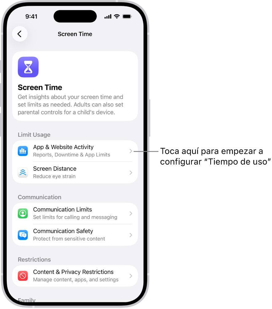 Pantalla para configurar “Tiempo de uso”, indicando que toques “Actividad de apps y sitios web” para empezar.