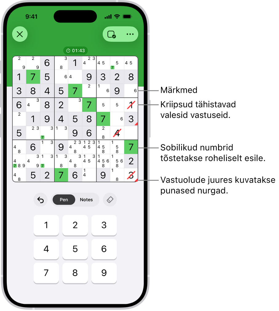 Sudoku mõistatus, kus on sisselülitatud mitu funktsiooni: Notes, Highlight Matching Numbers, Show Conflicts ja Autocheck.