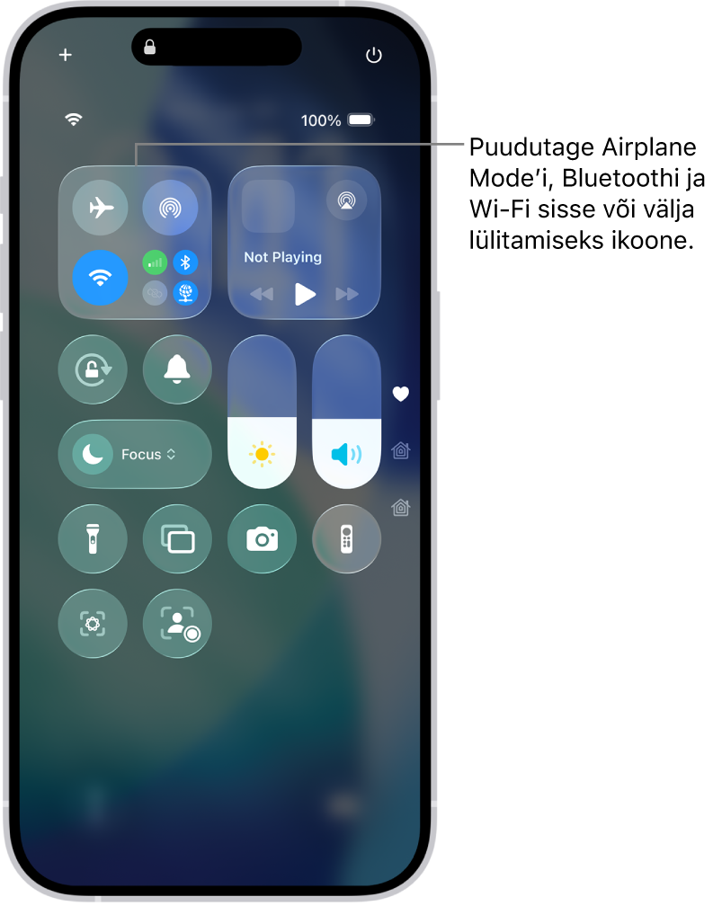 Control Centeri kuva, kus näidatakse, et üleval vasakul oleva nupu puudutamine lülitab režiimi Airplane Mode sisse.
