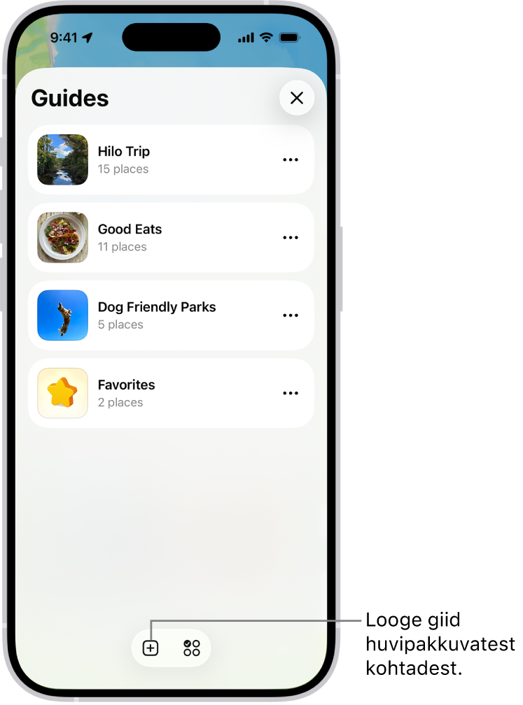 Mapsis on mitme kohandatud giidiga loend, sh kategooriaga Favorites ning üleval paremal nupuga New Guide.
