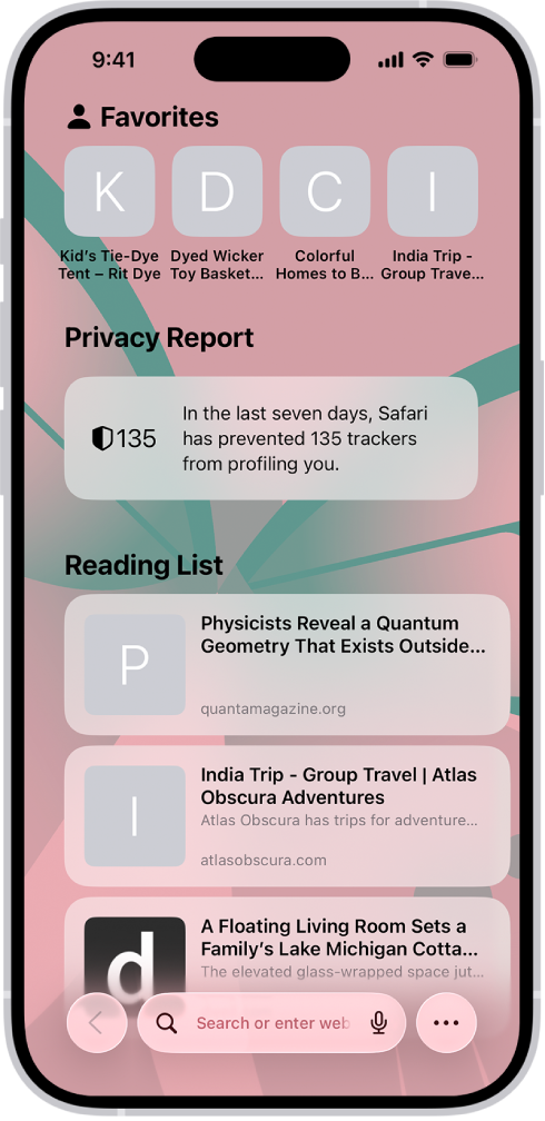 Safari avaleht, millel kuvatakse lemmikveebisaite, Privacy Report-aruannet ning Reading Listi salvestatud veebisaite.