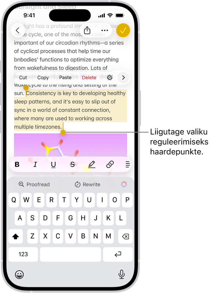 Rakenduses Notes on valitud märkmes tekst. Valitud teksti kohal on nupud Cut, Copy, Paste ja AutoFill. Valitud tekst on tõstetud esile ning mõlemas otsas on haardepunktid valiku reguleerimiseks.
