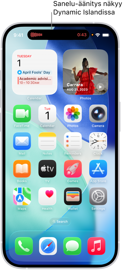iPhone 14 Pron Koti-valikko, jossa näkyy Sanelimen äänitys Dynamic Islandilla näytön yläreunassa.