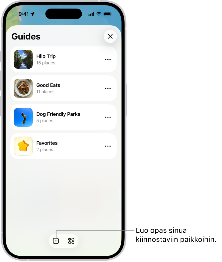 Usean muokattavan oppaan luettelo Kartat-apissa, joka sisältää suosikkikategorian ja Uusi opas -painikkeen oikeassa alalaidassa.