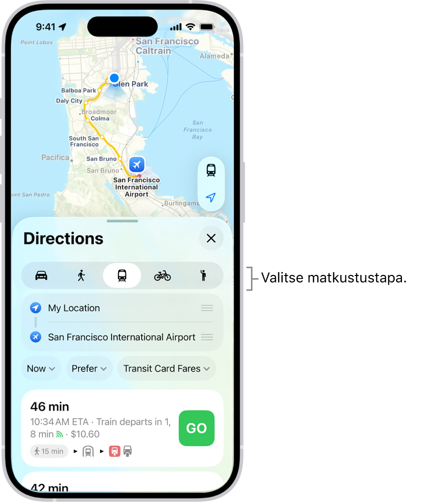 Kartta, jossa näkyy useita reittivalintoja kahden sijainnin välillä sekä painikkeet matkustustapojen välillä vaihtamiseen, alkupisteen ja määränpään vaihtamiseen toisinpäin sekä ohjeiden näyttämiseen vaiheina.