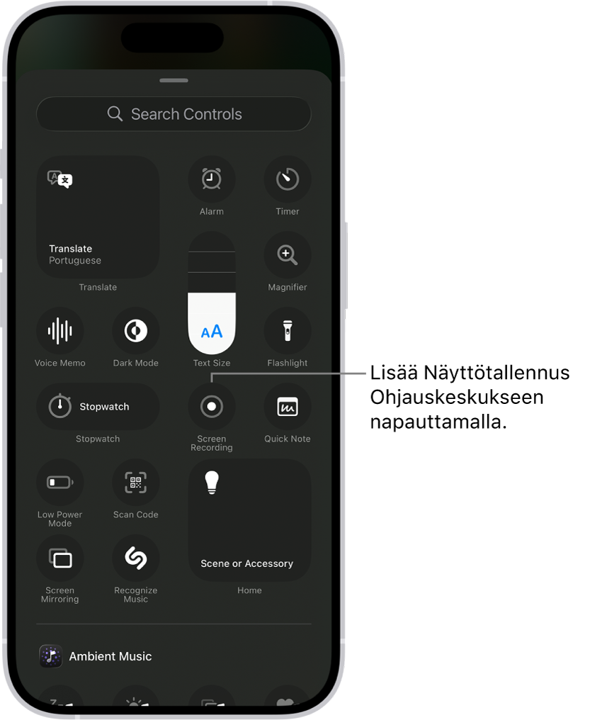 Näyttö, jossa näkyvät Ohjauskeskukseen lisättävissä olevat säätimet. Näyttötallennus-säädin on lähellä näytön keskiosaa.