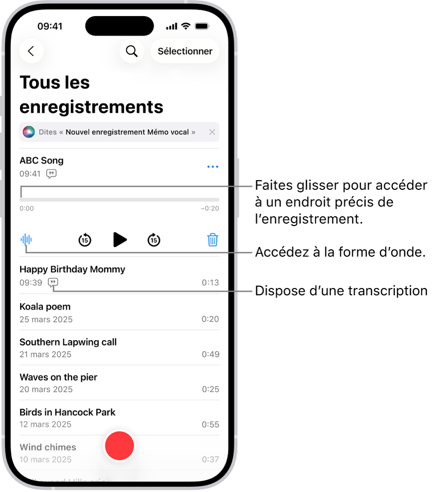 L’écran de la liste « Mémos vocaux » avec un enregistrement sélectionné en haut. La chronologie de l’enregistrement dispose d’une tête de lecture, que vous pouvez faire glisser vers un endroit particulier de l’enregistrement. Les commandes de lecture se trouvent sous la chronologie.
