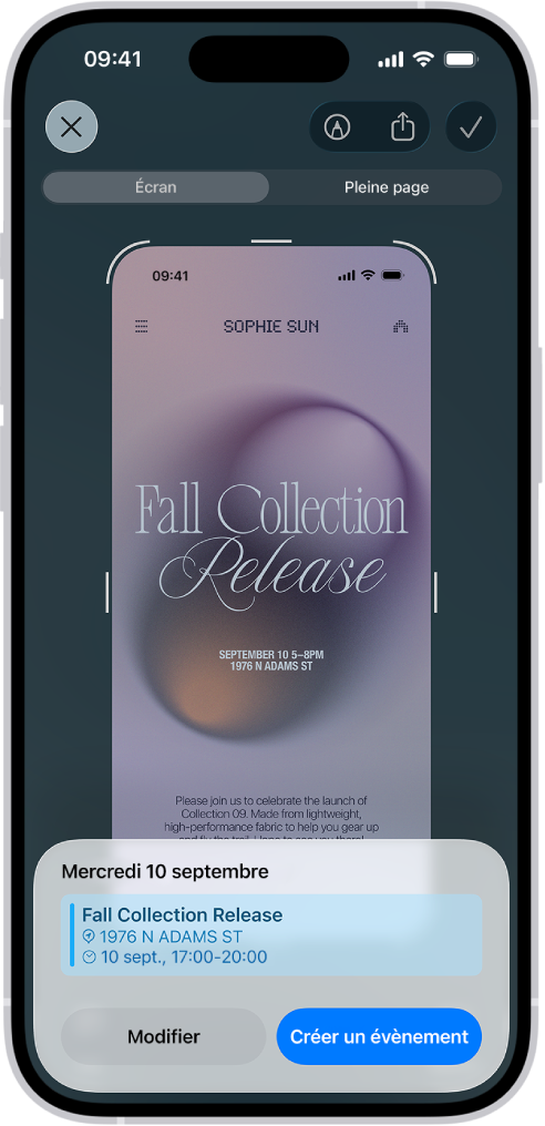 Une affichette d’évènement est affichée dans l’intelligence visuelle. Un évènement de calendrier apparaît en bas de l’écran, avec des boutons pour modifier et créer l’évènement.