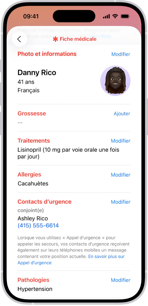 Écran Fiche médicale contenant des informations, notamment la date de naissance, les traitements, les allergies, les contacts en cas d’urgence et les problèmes médicaux.