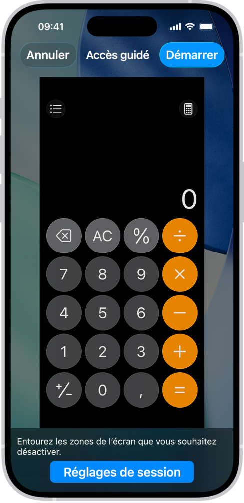 Un écran d’iPhone affichant « Accès guidé » en cours de configuration. L’iPhone est temporairement verrouillé sur l’app Calculatrice, et l’un des boutons de l’app a été désactivé.