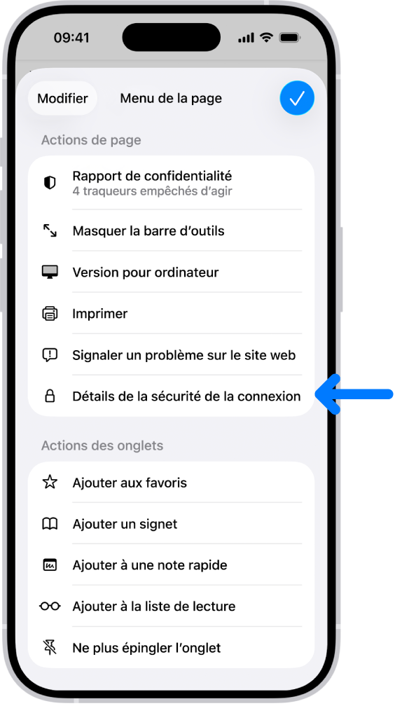 Le Menu de la page est ouvert dans Safari et la commande Détails de la sécurité de la connexion se trouve vers le centre de la page.