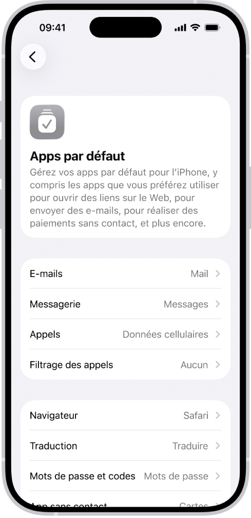 L’écran vous permettant de changer vos apps par défaut pour envoyer des e-mails, naviguer sur le Web, et plus encore.