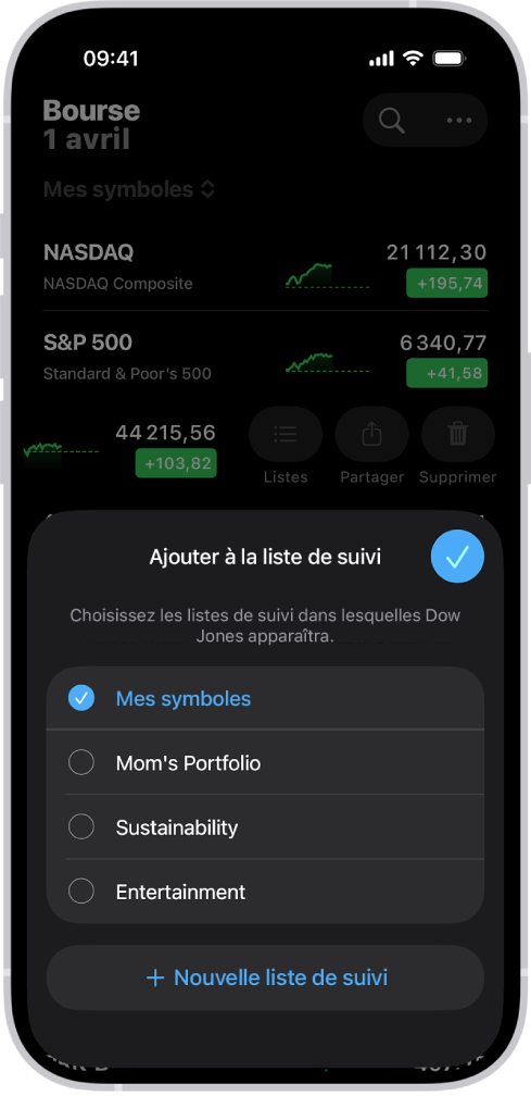 Une liste de listes de suivi personnalisées dans l’app Bourse : Mes symboles, Le portefeuille de maman, Énergies renouvelables, et Divertissement.