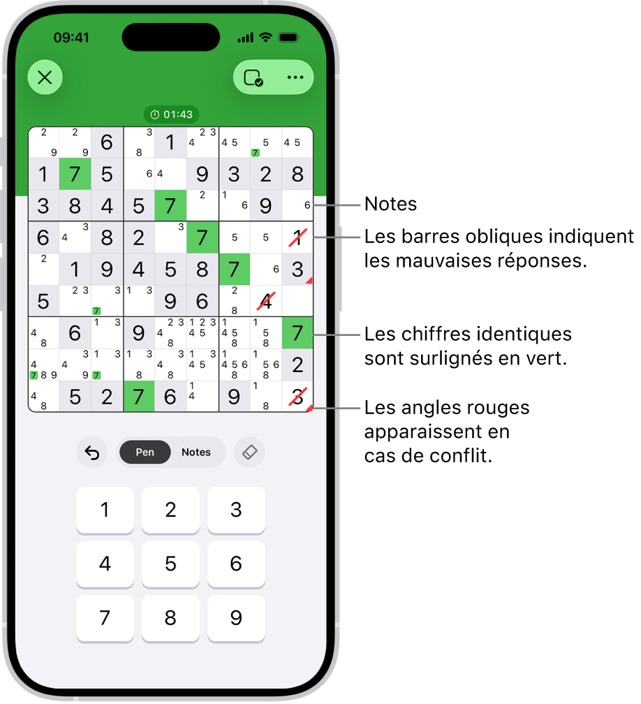 Sudoku avec plusieurs fonctionnalités activées : Notes, Highlight Matching Numbers, Show Conflicts et Autocheck.