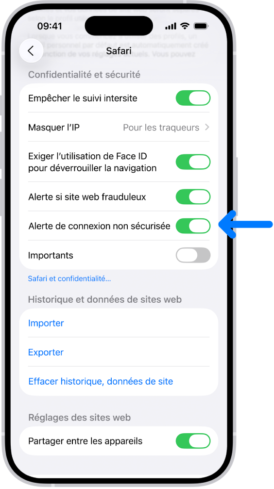 La commande Avertissement de connexion non sécurisée, située sous Confidentialité et sécurité sur l’écran Safari de Réglages.