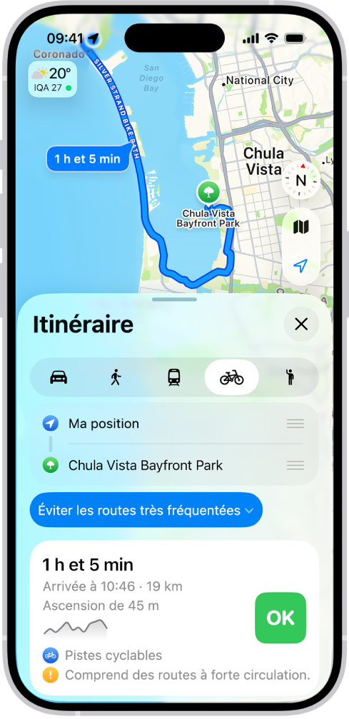 Plan indiquant les différents itinéraires possibles à vélo. La fiche de l’itinéraire se trouve dans la partie inférieure et fournit un certain nombre de détails, notamment les temps de trajet estimés, l’évolution du dénivelé ainsi que les types de routes présentes sur les différents trajets. Un bouton Aller se trouve à droite des détails.