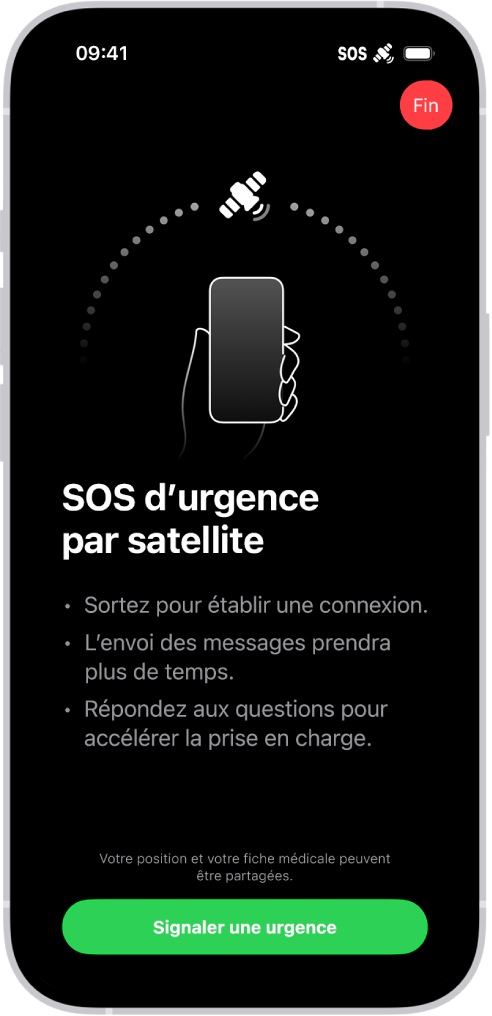 L’écran « Appel d’urgence » montrant que le téléphone est connecté et demandant à l’utilisateur de rester dans la direction du satellite. Le bouton « Signaler une urgence » apparaît en bas de l’écran.