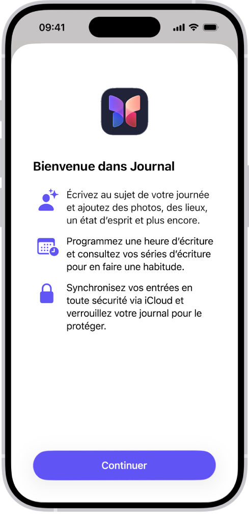 L’écran de bienvenue de l’app Journal.