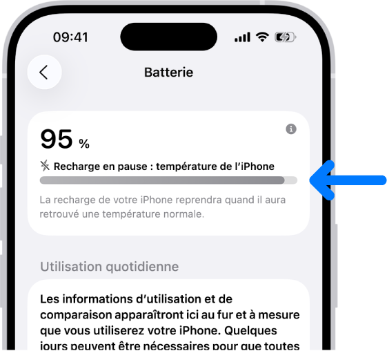 La fiche d’informations sur la recharge dans les réglages Batterie de l’iPhone. La fiche indique que la batterie est chargée à 95 % avec le message « Recharge en pause : température de l’iPhone ». En dessous se trouve une note indiquant que la recharge reprendra lorsque la température de l’iPhone redeviendra normale.