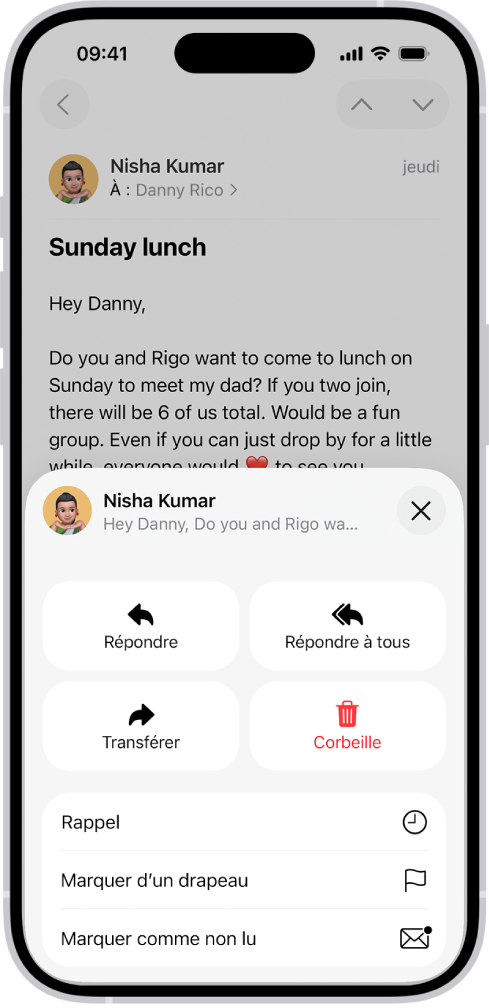 Un e-mail affichant des options de réponse. Au milieu de l’écran, de gauche à droite, se trouvent Répondre, Répondre à tous, Transférer et Corbeille.