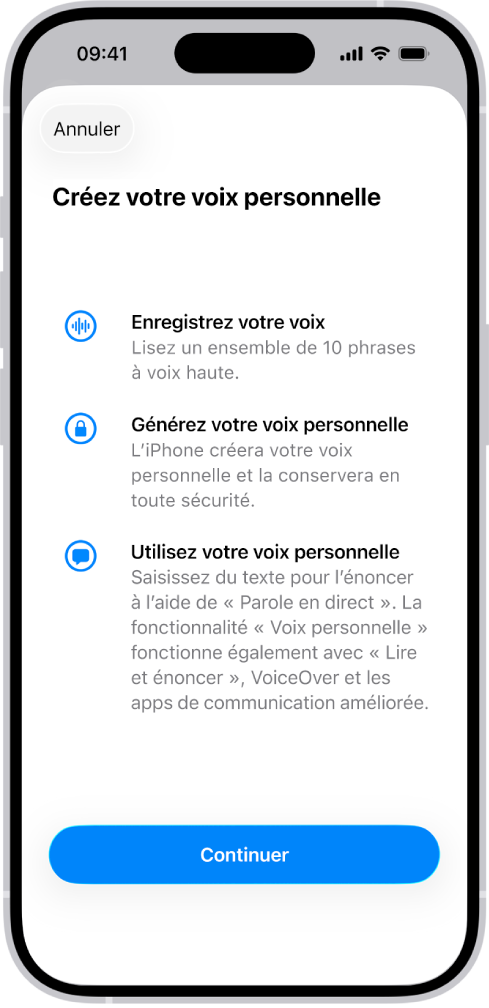 Un iPhone avec des informations sur la façon de créer une voix personnelle.