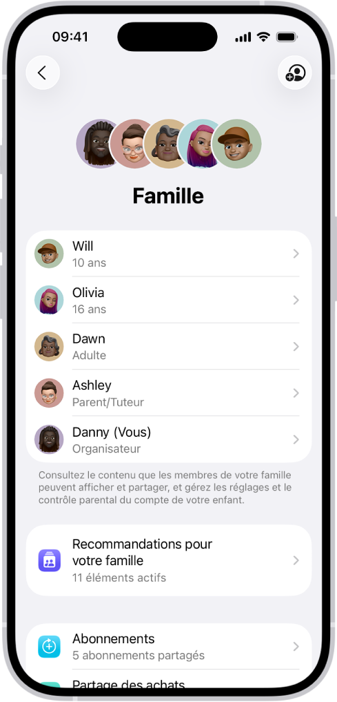 Écran Partage familial dans Réglages. Cinq membres d’une famille sont répertoriés. Sous leur nom figure la liste de suggestions pour la famille ; sous cette liste se trouvent les options Abonnements et « Partage des achats ».