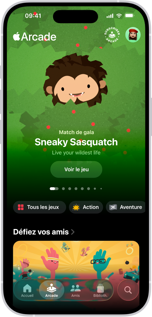 L’app Apple Games affichant l’onglet Arcade, qui présente une illustration promotionnelle pour un jeu mis en avant. En bas de l’écran se trouvent les onglets Accueil, Arcade, Amis, Bibliothèque et Recherche. L’onglet Arcade est sélectionné.