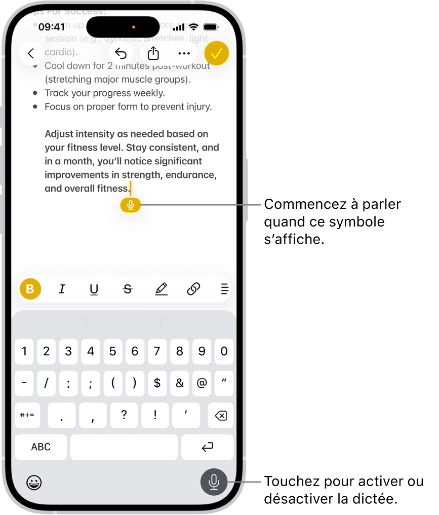 Le clavier à l’écran est ouvert dans l’app Mail. Le bouton Dictée dans le coin inférieur droit de l’écran est sélectionné et le bouton Dictée apparaît sous le point d’insertion dans le champ de texte.