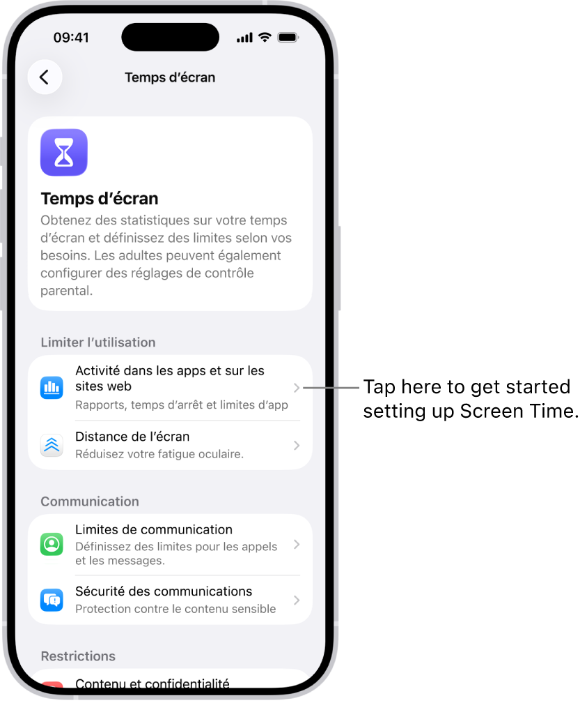 L’écran pour configurer Temps d’écran montrant que vous pouvez toucher Activité dans les apps et sur les sites web pour commencer.