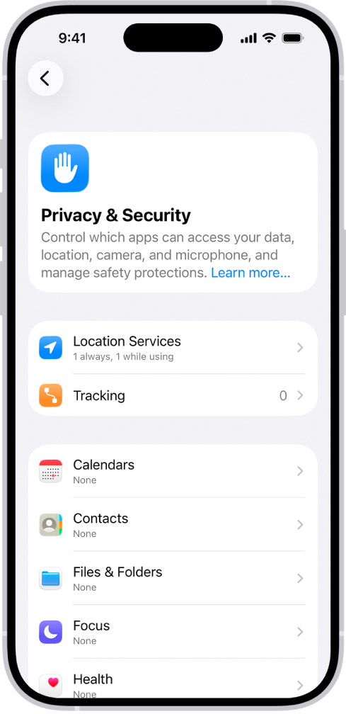 લોકેશન સેવાઓ અને ટ્રૅકિંગ માટે સેટિંગ્સ અને કઈ ઍપ તમારો ડેટા ઍક્સેસ કરી શકે તે કંટ્રોલ કરવા માટે સેટિંગ્સ સાથે પ્રાઇવસિ & સુરક્ષા સ્ક્રીન.