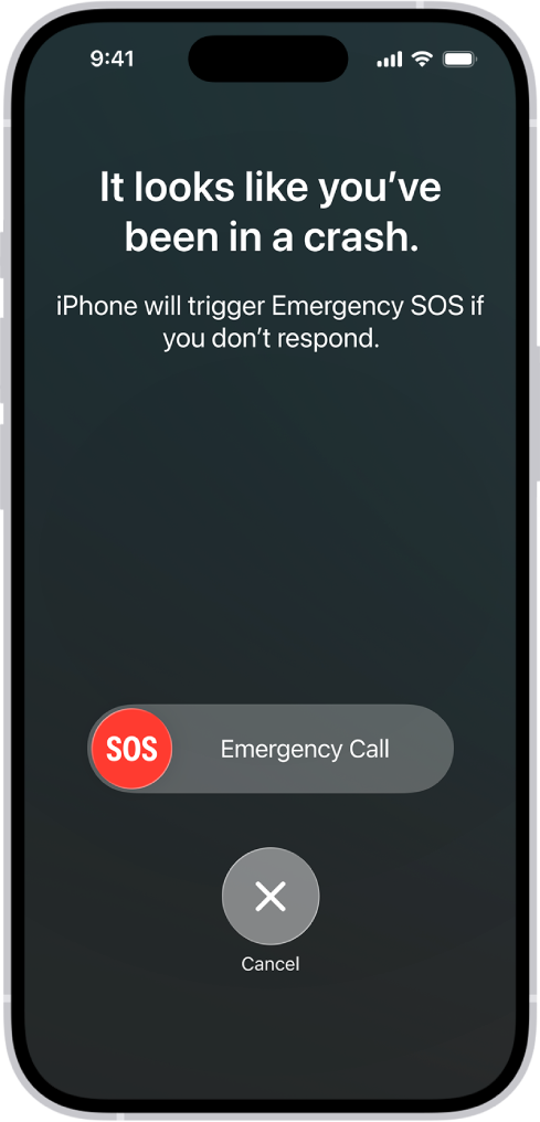 ક્રૅશની ઓળખ સ્ક્રીન કે જે બતાવે છે કે તમને ક્રૅશમાં હોવાની સૂચના બતાવે છે અને તેની નીચે રદ કરો બટન સાથે આપાતકાલીન કૉલ SOS સ્લાઇડર છે.