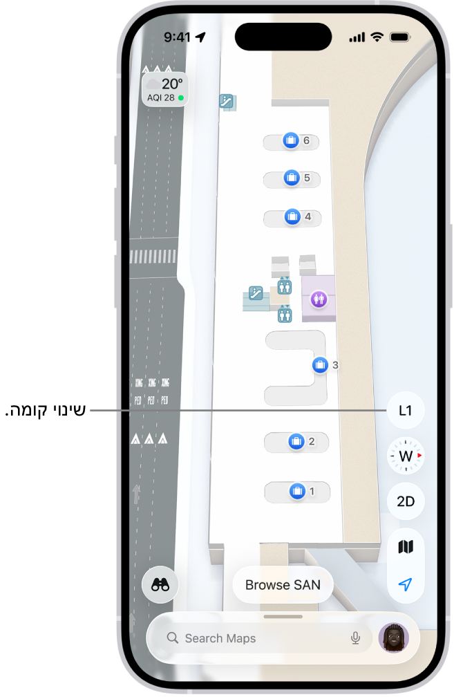 מפה פנימית של טרמינל שדה תעופה. פריטים כוללים מידע על מעברי גבול, מדרגות, שירותים, ועזרה ראשונה. ניתן לעבור בין קומות במפות מרובי קומות באמצעות הכפתור L1 (רמה 1).
