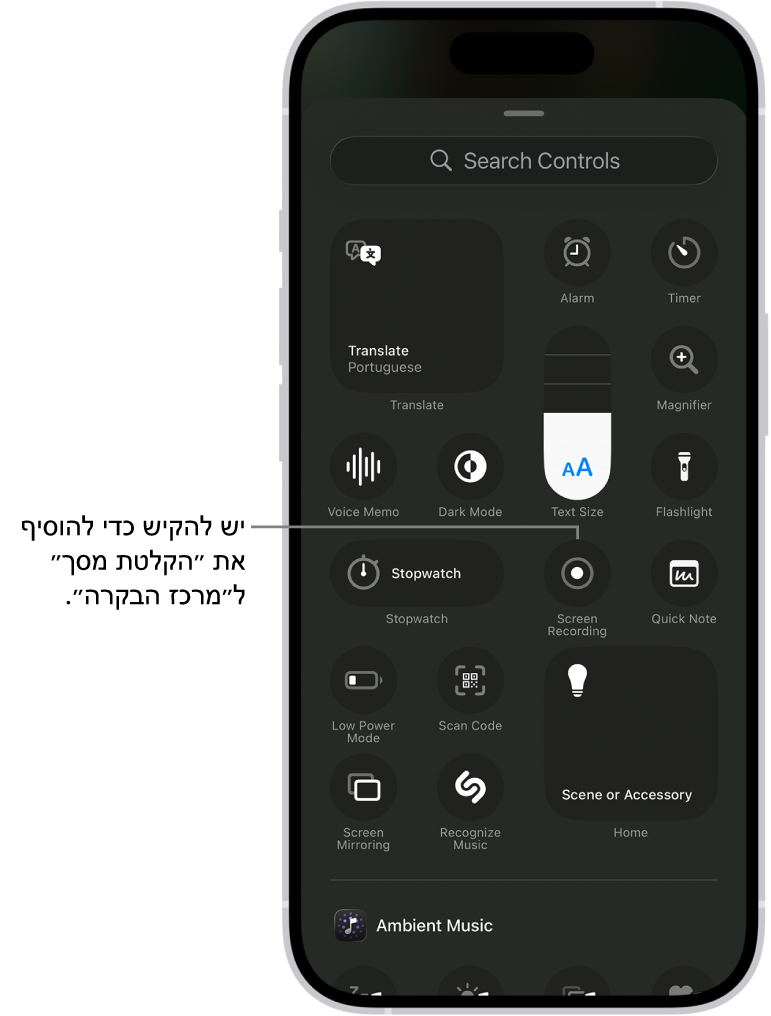 מסך המציג פקדים שניתן להוסיף אל ״מרכז הבקרה״. הפקד של ״הקלטת מסך״ מופיע במרכז.