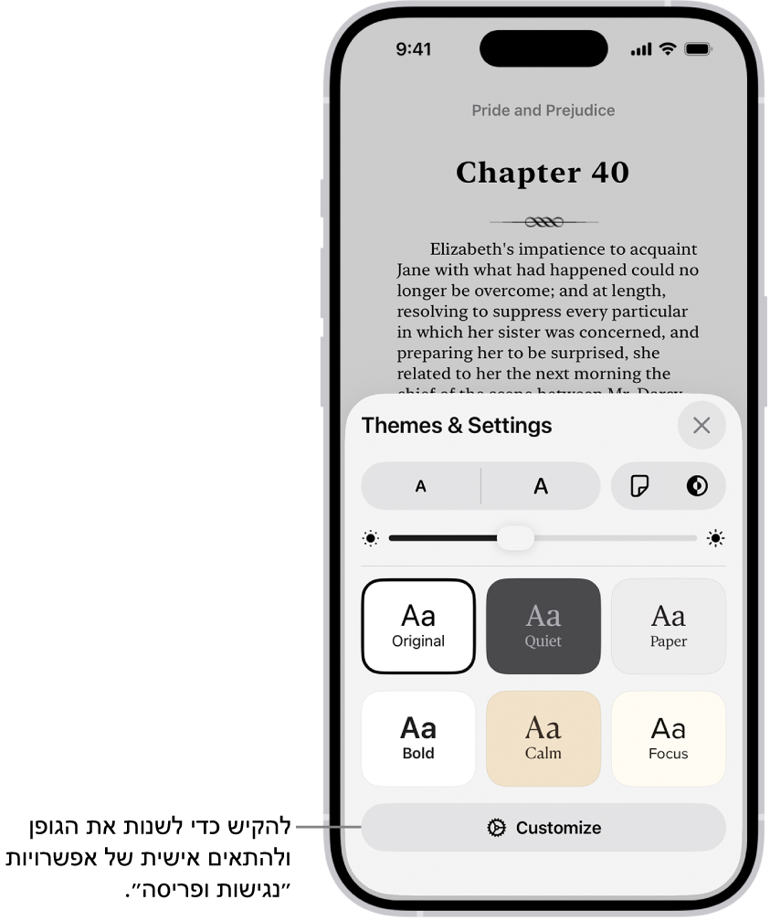 עמוד מתוך ספר בתוך היישום ״ספרים״. האפשרויות ״ערכות נושא והגדרות״ מציגות פקדים עבור גודל הגופן, תצוגת הגלילה, סגנון מעבר עמודים, בהירות וסגנונות של גופנים.