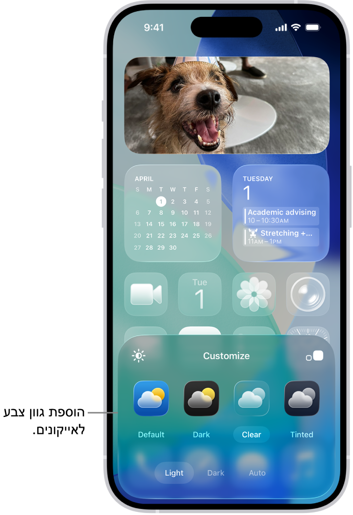 מסך בית בהתאמה אישית עם אייקונים שקופים צבועים בכחול שמסודרים כך שהם יוצרים מסגרת לתמונה, ופקדים בתחתית המסך להתאמה אישית של אייקונים. האפשרויות כוללות את הכפתורים ״אוטומטי״, ״כהה:״, ״בהיר״ ו״בגוון״, אפשרויות לבחירת צבע ורוויה, וכפתורי ״קטן״ ו״גדול״ להגדרת גודל האייקונים.