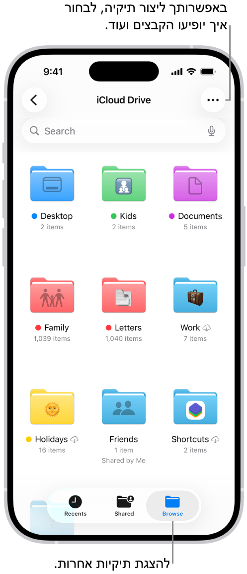 היישום ״קבצים״ מציג את הקבצים והתיקיות ב‑iCloud Drive. התפריט ״עוד״ כולל אפשרויות לבחירת פריטים, ליצירת תיקיה חדשה, לסריקת מסמכים״ ולהתחברות לשרת. מתחת לזה מופיעים אפשרויות להצגת פריטים במסך כאייקונים או כרשימה. בתחתית המסך רואים את אפשרויות המיון לפי ״שם״, ״סוג״, ״תאריך״, ״גודל״ ו״תגיות״ ואחריהם ״הצגת אפשרויות״.