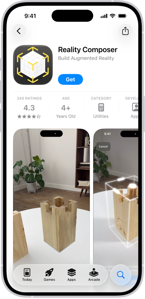 App Store में ऐप की जानकारी वाला पेज। इस पृष्ठ में “पाएँ” बटन, रेटिंग, आयु रेटिंग, डेवलपर, स्क्रीनशॉट और अन्य जानकारी दिखाई गई है। सबसे नीचे बाईं से दाईं ओर, ये बटन मौजूद हैं : आज, गेम्स, ऐप्स, Arcade और खोजें।