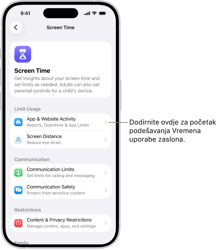 Zaslon za podešavanje Vremena uporabe zaslona koji prikazuje kako trebate dodirnuti Aktivnost aplikacija i web stranica za početak rada.